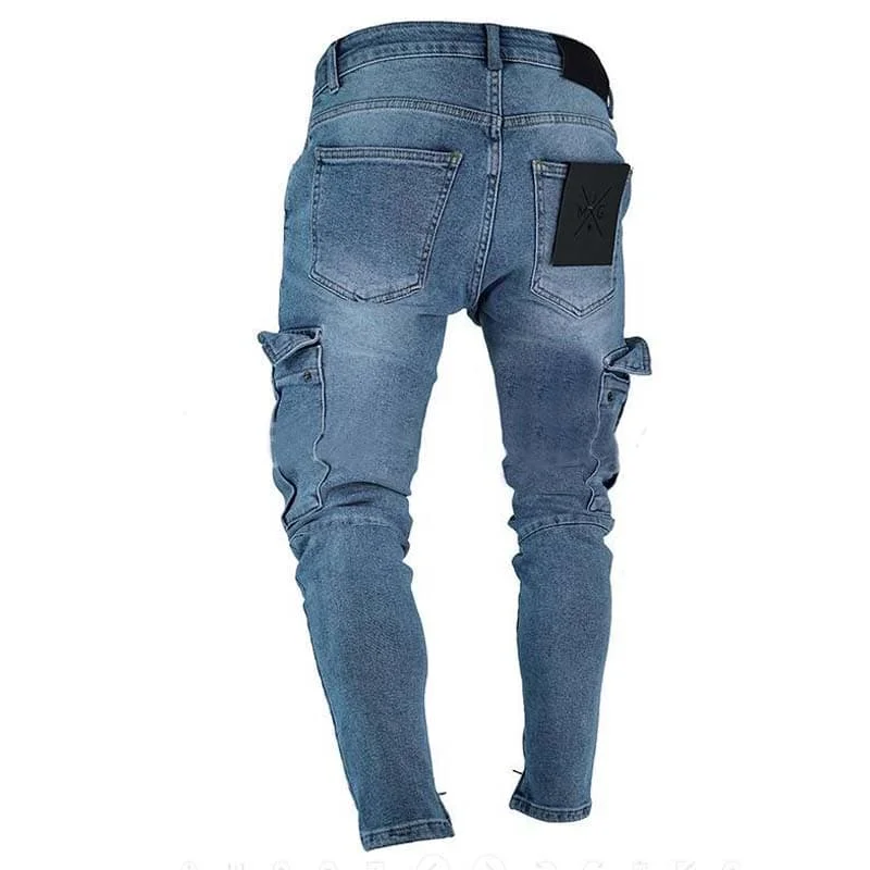 Men Jeans Casual Safari Style Pencil Pants Slim Male Denim Trousers Big Pocket Cargo Streetwear Plus Size 4XL SECENSE