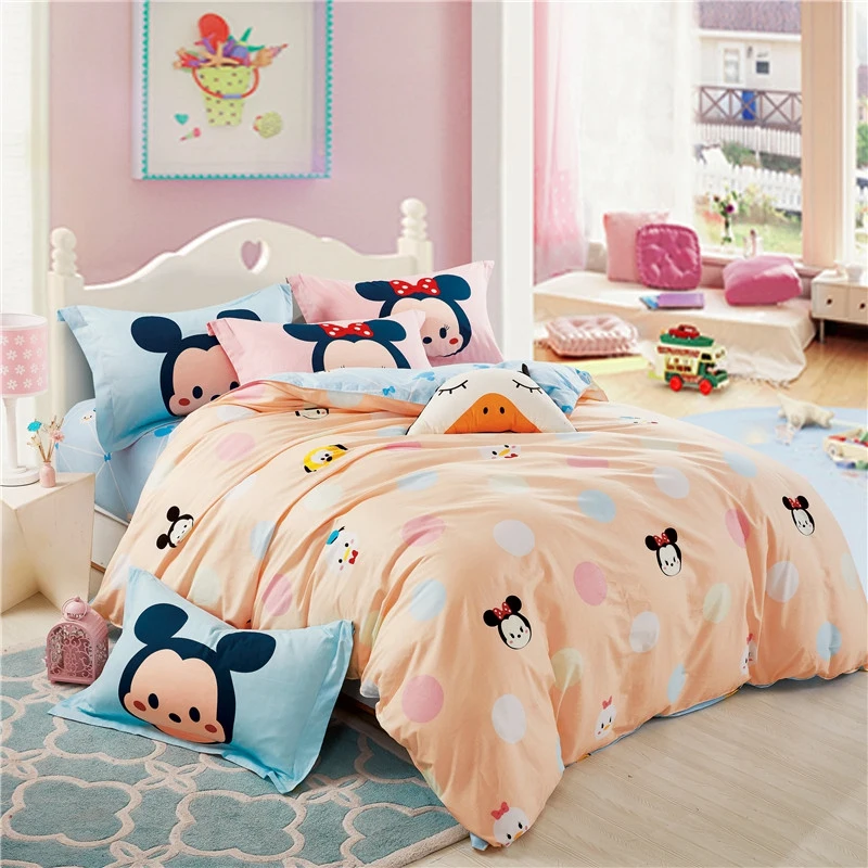 Home Fabric Disney Cartoon Mickey Mouse Peach Bedding Set Children Bedroom Decoration Duvet Bed Cover Pillowcase Bed Sheet
