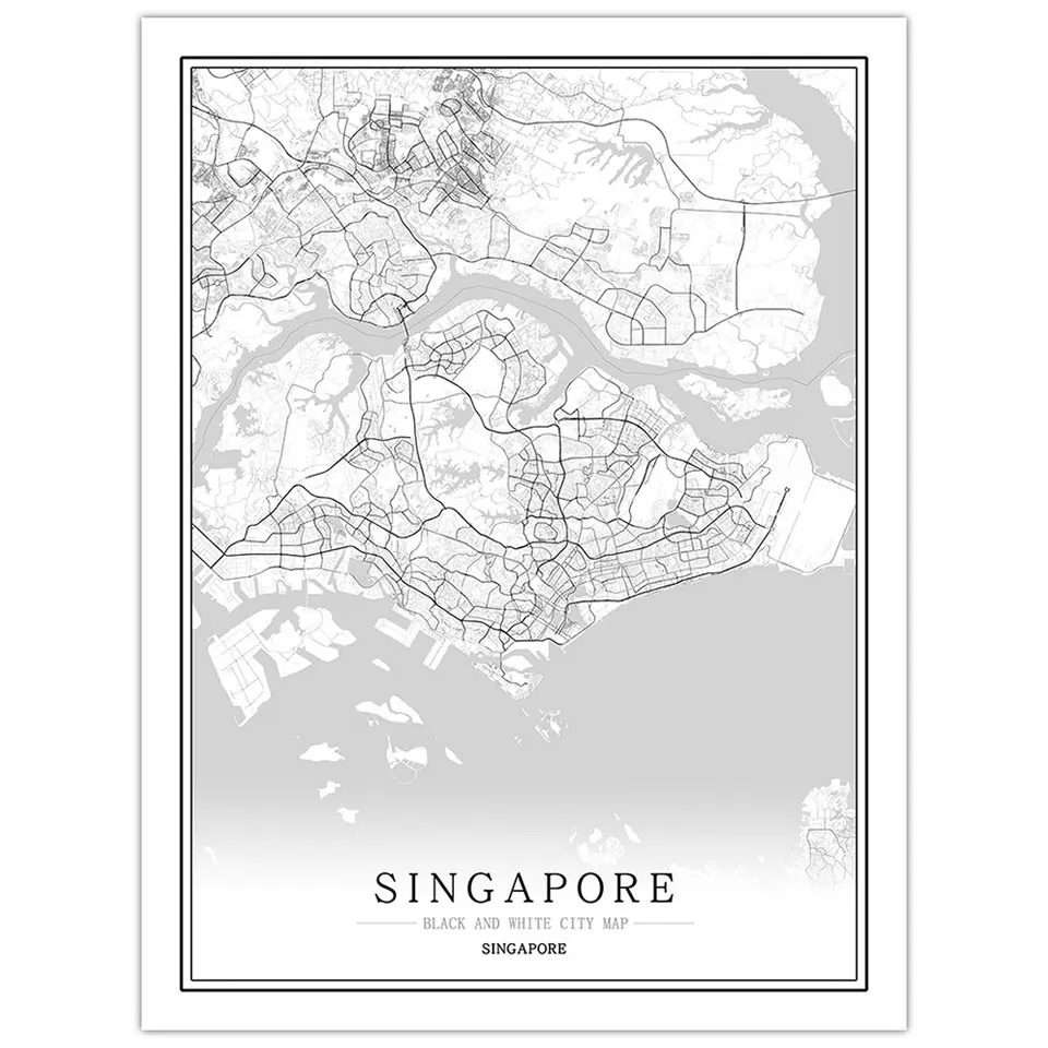 Черно-белая карта города Сингапур плакат Скандинавская гостиная настенная