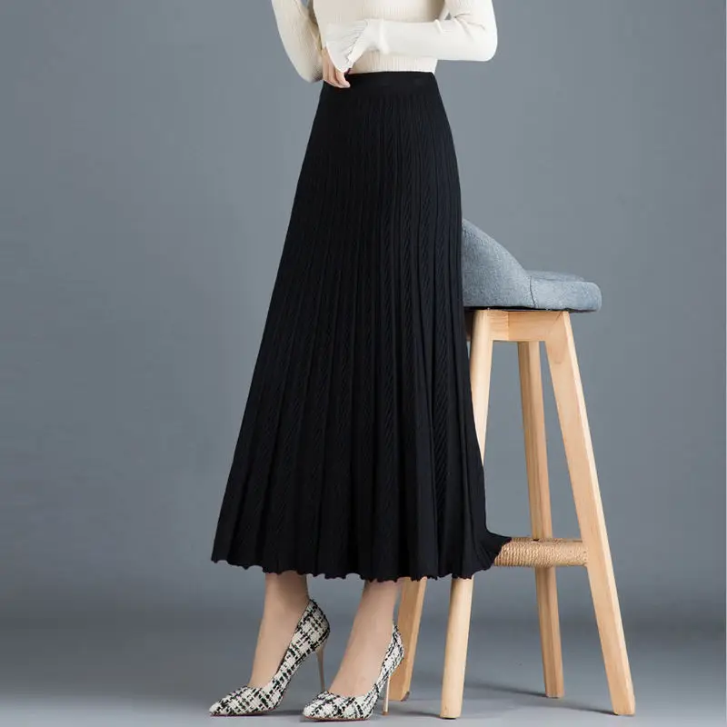 

2020 New Spring Autumn Vintage Women Sweater Skirt Elastic High Waist Pleated Midi Knitted Skirt A-line Solid Elegant Skirt Y548