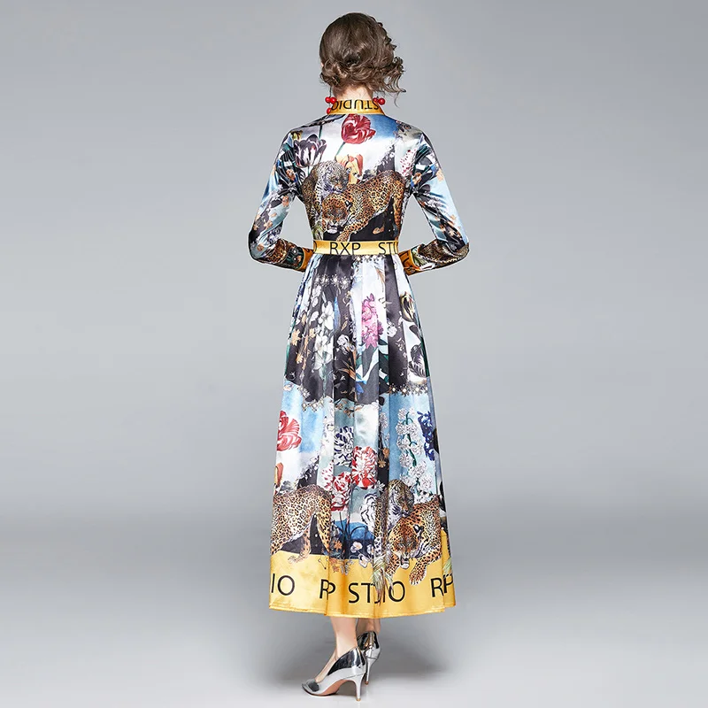 

Spring and autumn new women's fashion print big pleated long-sleeved lapel dress