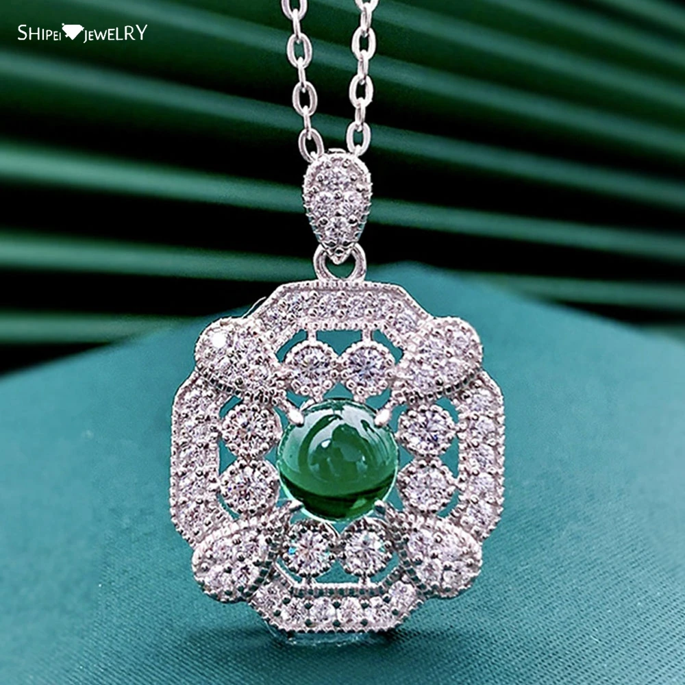 

Shipei 100% 925 Sterling Silver Round Cut 6 MM Emerald Created Moissanite Gemstone Fine Jewelry Vintage Pendant Necklace Gift