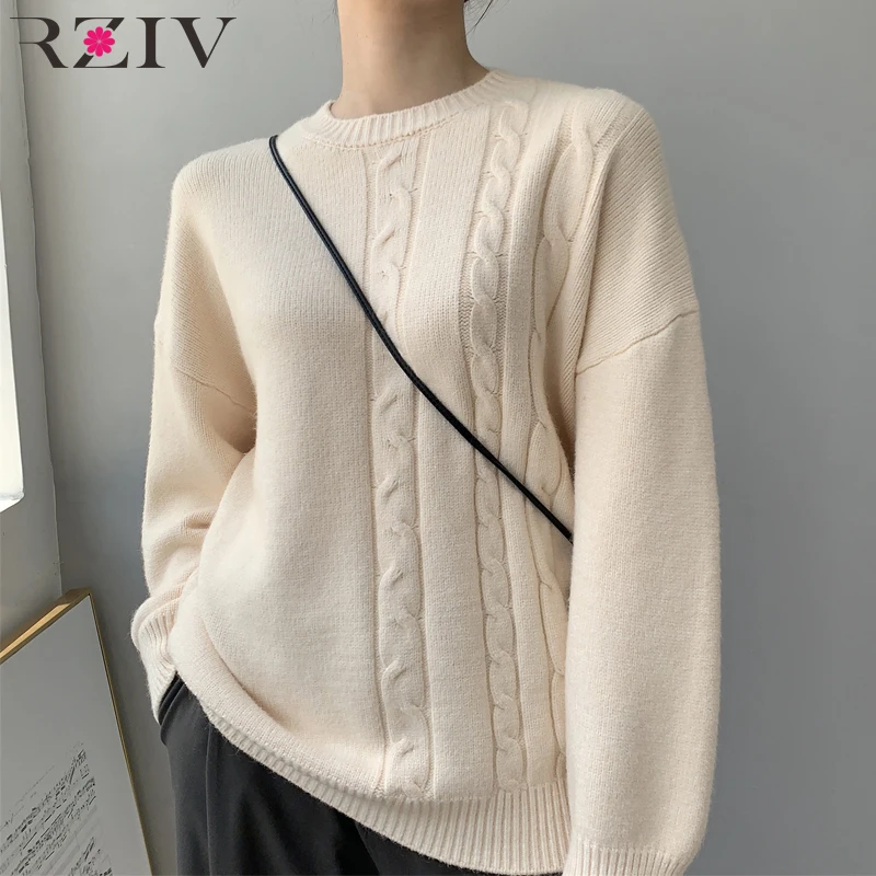 

RZIV Autumn and winter women's sweater casual solid color round neck long sleeve loose sweater