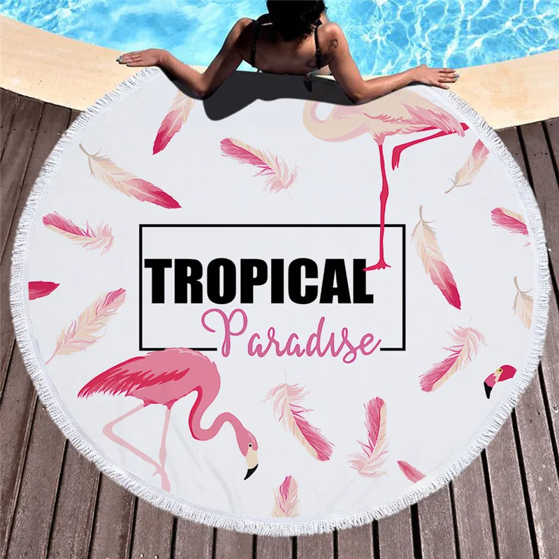 Круглое Большое пляжное полотенце из микрофибры с принтом цветов птиц и листьев