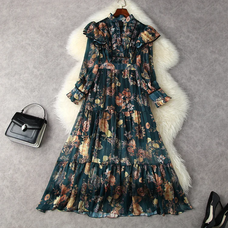 

Женская одежда в европейском и американском стиле, новинка весны 2022, модное платье с длинным рукавом, воротником-стойкой, воланами и принтом