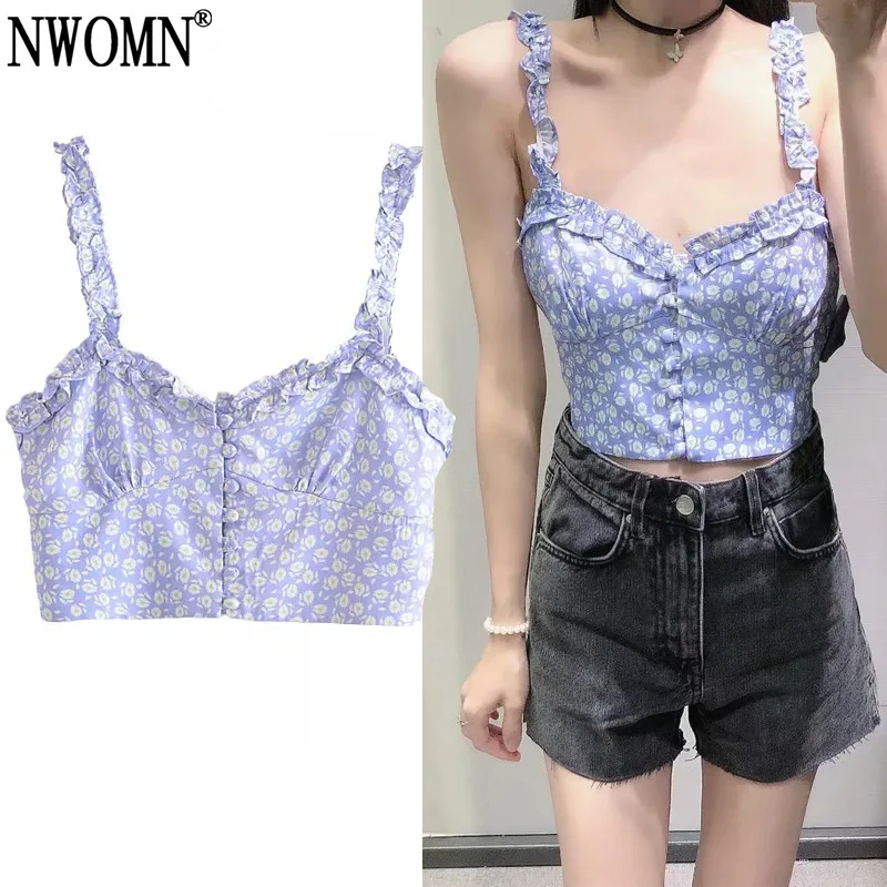 

NWOMN Za 2021 Purple Floral Crop Top Women Summer Woman Top Elegant Button Up Ruched Tank Tops V Neck Sleeveless Corset Tops