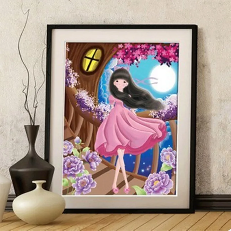 DIY круглая Алмазная вышивка полная мультяшная девочка под деревом дом луной