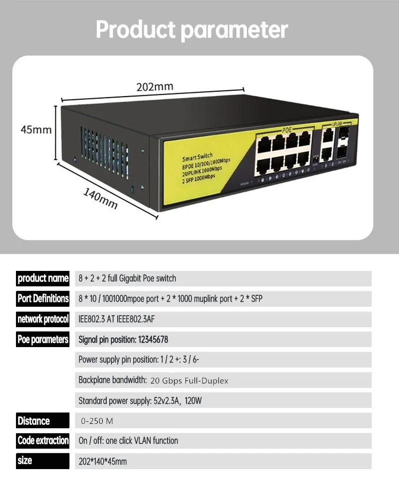 POE Gigabit Switch 52V with 8-Port POE+2 Uplinks+2 SFP IEEE 802.3 af/at 1G Suitable for IP Camera/Wireless AP/POE Camera | Компьютеры и
