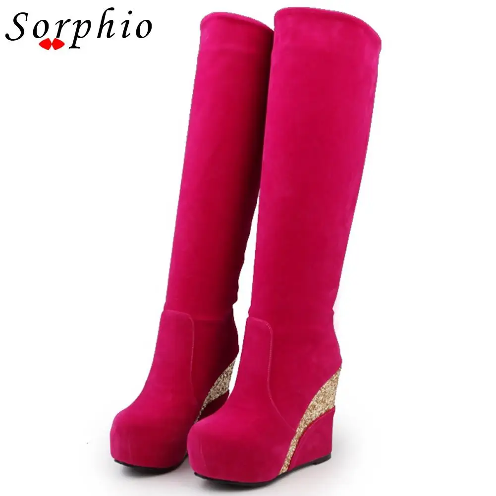 

Female Boots Flock Platform Wedges Fashion Knee High Med Calf Boots For Women Winter Warm Brand New Comfy Shoes Woman 2021