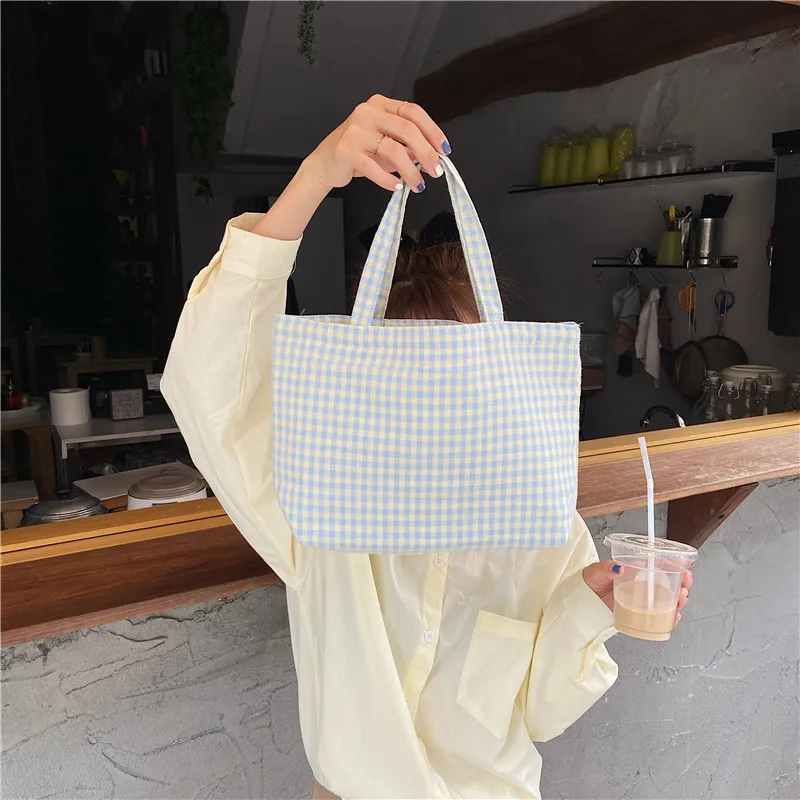 

Simple Durable Women Shopping Bags Fashion Ladies Plaid Cotton Cloth Shoulder Bag Large Capacity Female Portable Tote Handbags