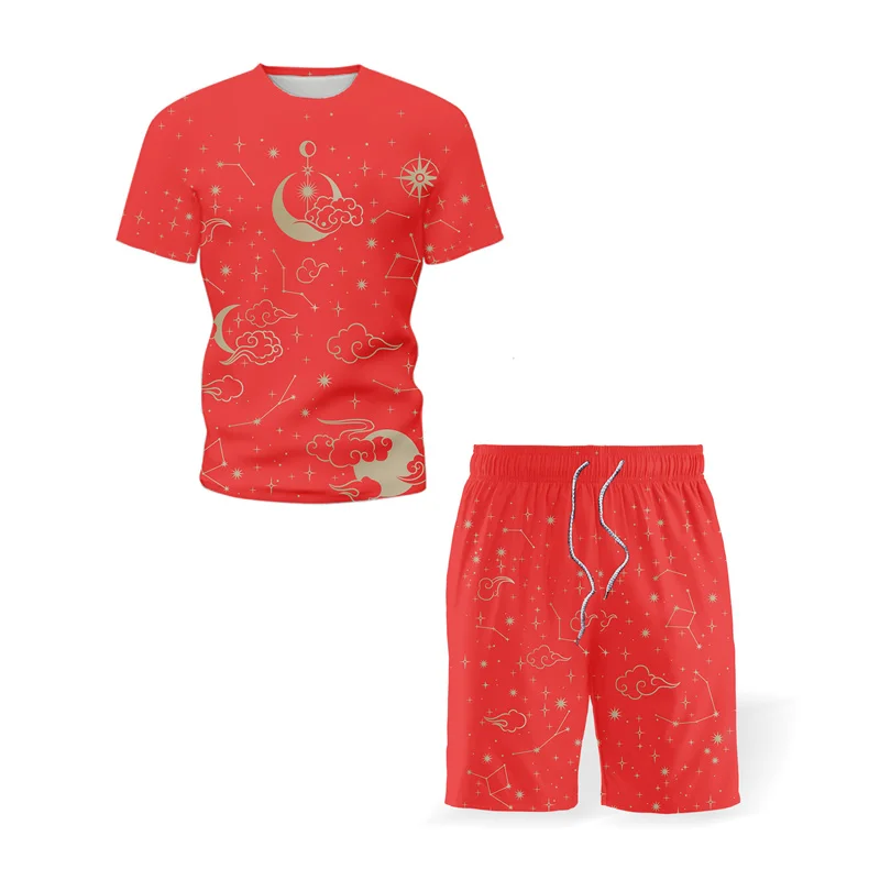 

Summer Men's 3T Print Short Sleeve T-shirt + Shorts 2-piece Set Fashion Men's Retro T-shirt Top Casual Shorts