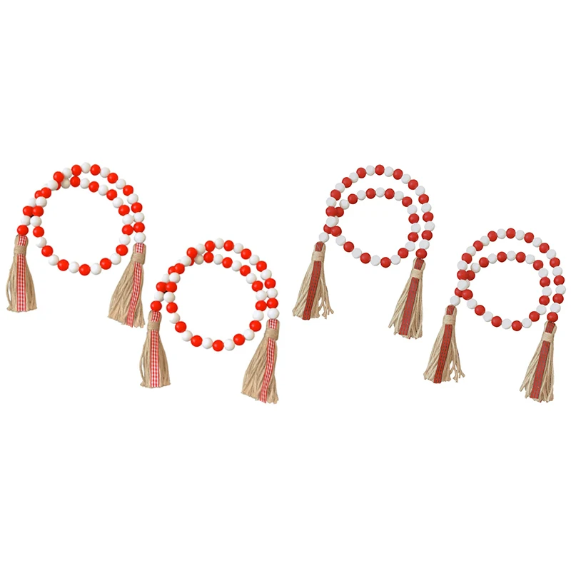 

Wood Bead Garland with Tassels,Wood Bead Garland Tassel Garland Farmhouse Rustic Beads with Jute Rope Plaid Tassel Red