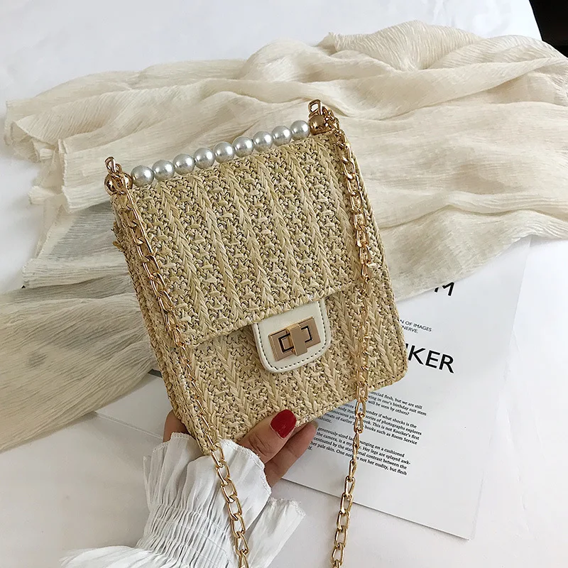 beige1 Новинка, летняя пляжная соломенная сумка, сумки через плечо для женщин,, перламутровая плетеная ротанговая женская сумка на плечо, дамская сумочка, клатч, Bolso Mujer - Цвет: beige1