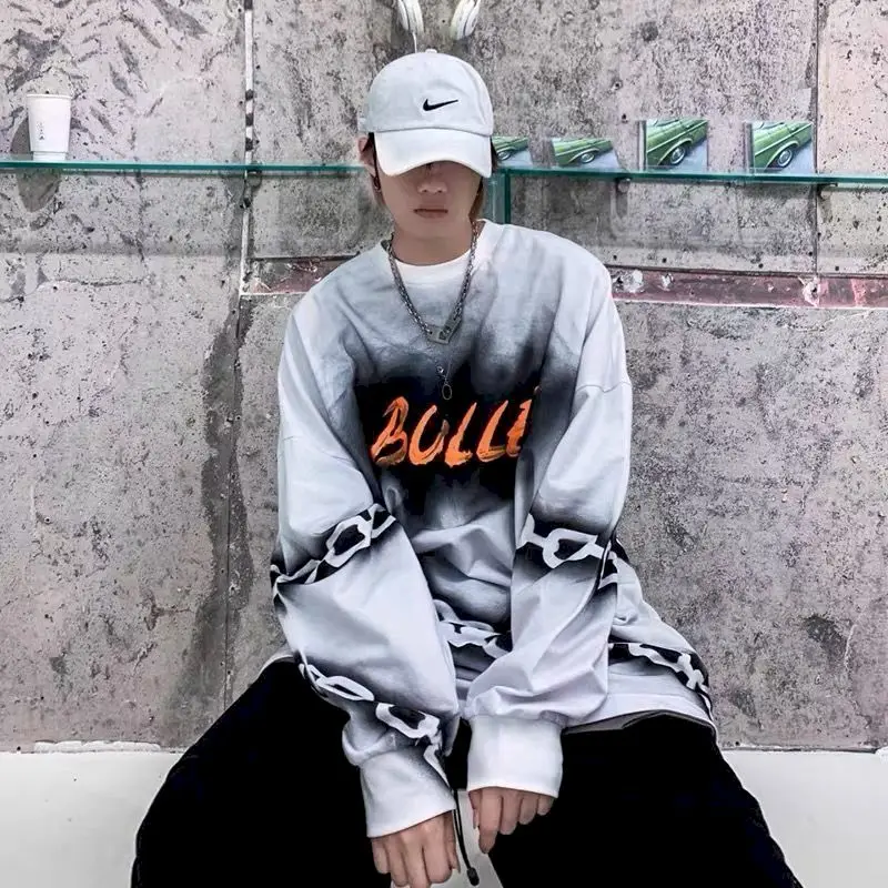 

Футболка мужская оверсайз с длинным рукавом, уличная одежда с цепочкой, тонкий Свободный Топ в готическом стиле ретро, одежда в стиле хип-хо...