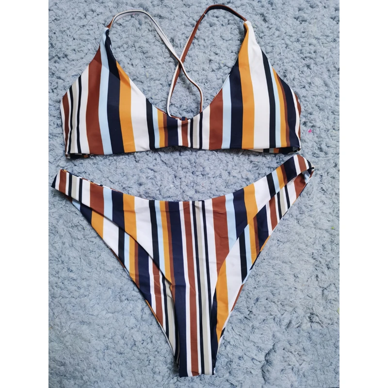 

2021 New Women's Striped Printed Swimsuit Push-up Middle Waist Bandage Bikini Set Two-piece Casual Swimsuit Beach