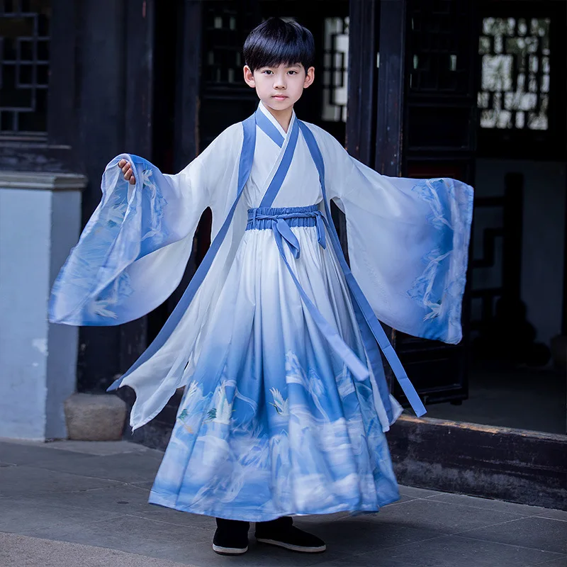 

Традиционный костюм в древнем китайском стиле для мальчиков с принтом синего Журавля, детская одежда династии Тан ханьфу для косплея