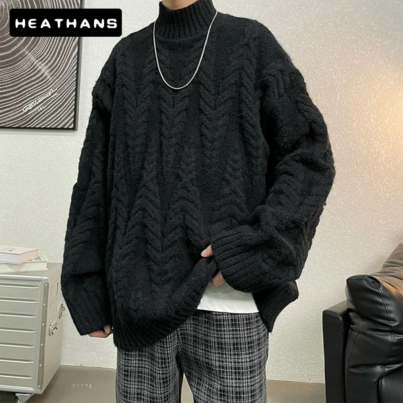 

Men's Knitted Sweater Autumn Winter New Slim Pure Color Harajuku Retro Mahua Knitted Sweaters Relaxed Hipster Youth Male Wear