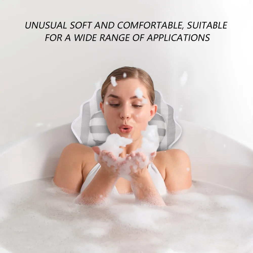 Bathroom Pillow Neck Support Anti-Slip Belt 6 Powerful Suction Cups 3D Mesh Mold Design Bath Pillows Waterproof and Quick Dry