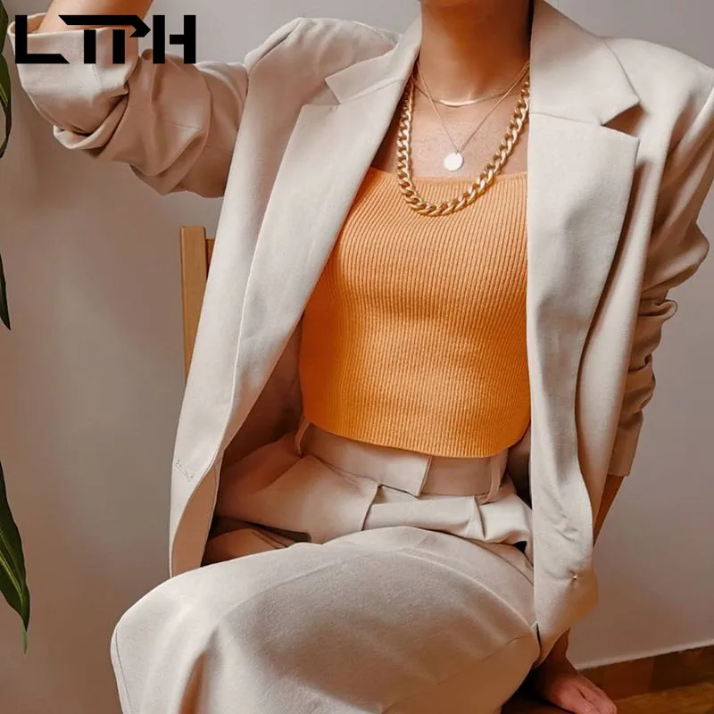 LTPH ins-chaquetas lisas minimalistas para mujer, chaqueta holgada informal combina con todo, abrigo de traje de longitud media con un botón, primavera 2021