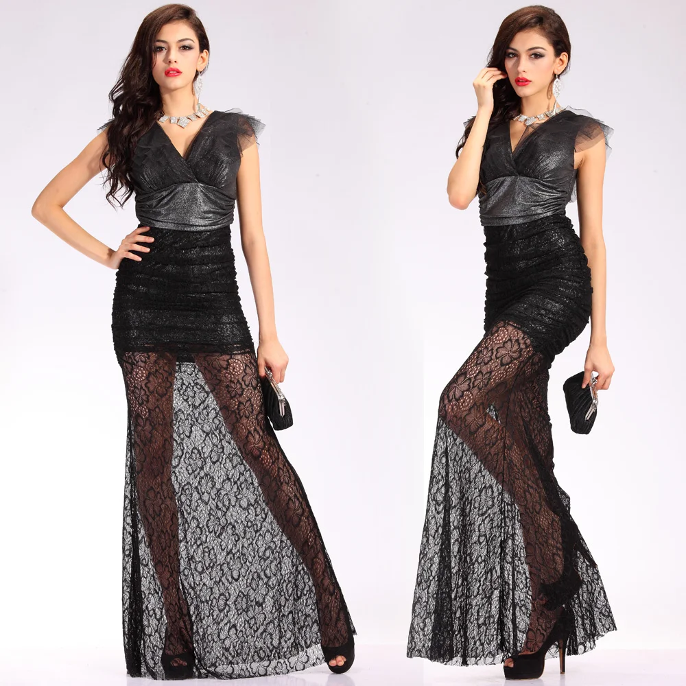 Black V-neck Long Lace Perspective Nightclub Evening Dresses Women Slim Sexy Formal Party Gowns