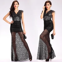 black v neck long lace perspective nightclub evening dresses women slim sexy formal party gowns