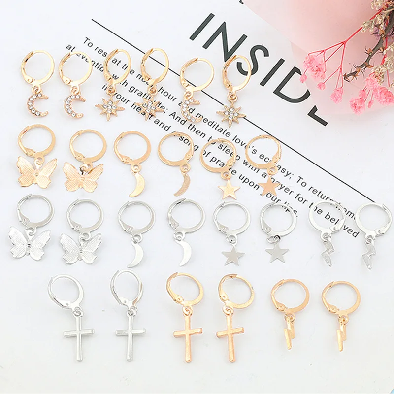 

European and American 2021 New Fashion Earrings 12 Pairs Earings Set Alloy Cross Metal Diamond Simple Stud Earrings