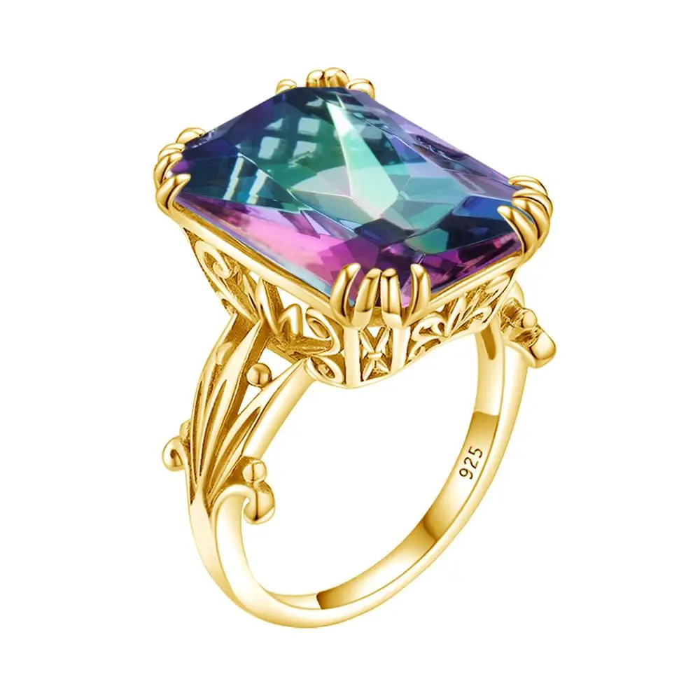 

14K Gold Rainbow Mystic Topaz Ring 925 Sterling Silver Rings For Women Gemstones Square Wedding Party Silver 925 Jewelry Ringe