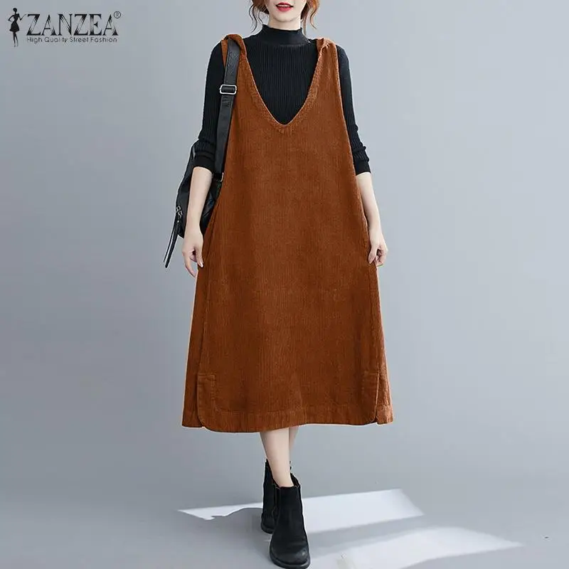 

ZANZEA Women's Sundress Autumn Casual V Neck Tank Overall Vestidos Female Solid Pockets Chic Robe Vintage Hooded Corduroy Dress