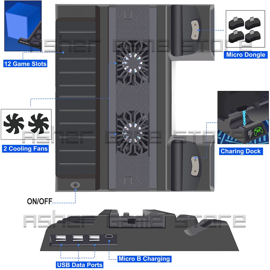 Вертикальная подставка для PS4 / Slim Pro 2 зарядных док-станции вентилятора 12 игр слот