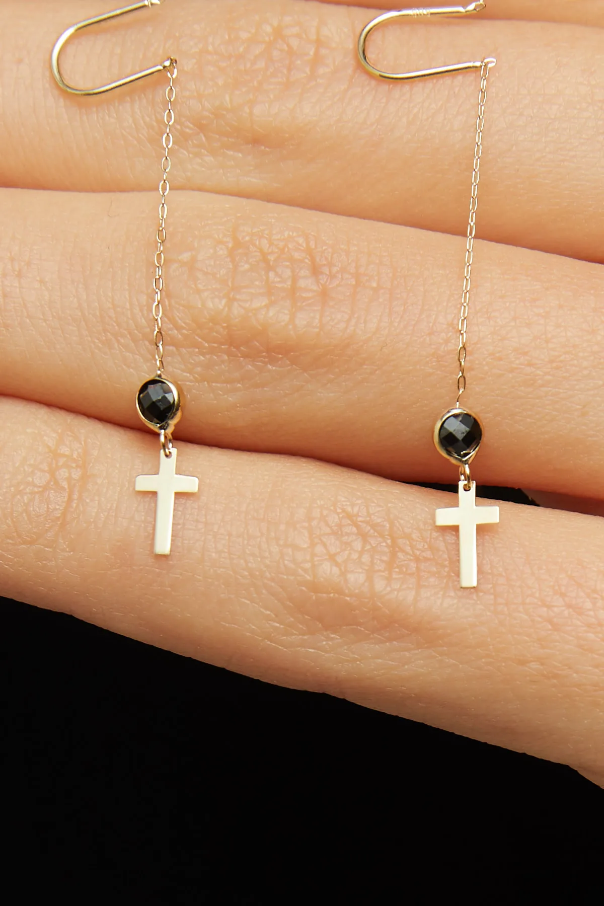 

14k Gold Threader Cross Earrings, Gold Earrings for Women, Long Threader Chain, gold Cross Earrings 14k