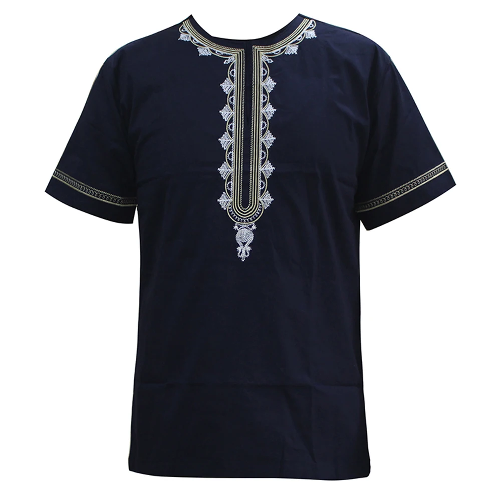 Африканская одежда для мужчин Dashikiage африканская Повседневная футболка с круглым вырезом и аппликацией с коротким рукавом - Цвет: Тёмно-синий