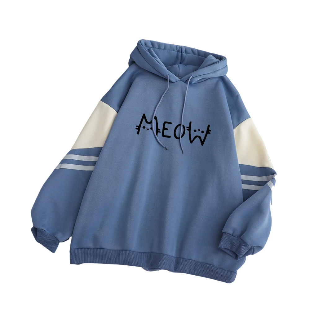 

Autumn Winter New Hoodie Loose Casual Spell Color Stitching Sweatshirt Women Fleece Harajuku Kawaii Cute Meow Print Tops Clothes