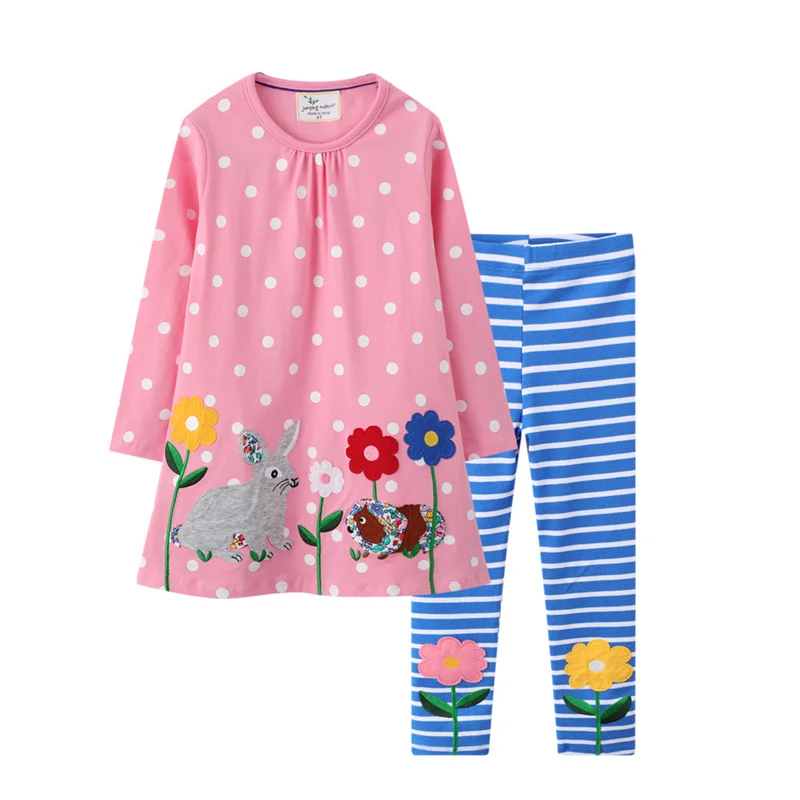 

Children's Clothing Sets Dresses Leggings Autumn Spring Rabbit Embroidery Dots Long Sleeve Toddler Outfits