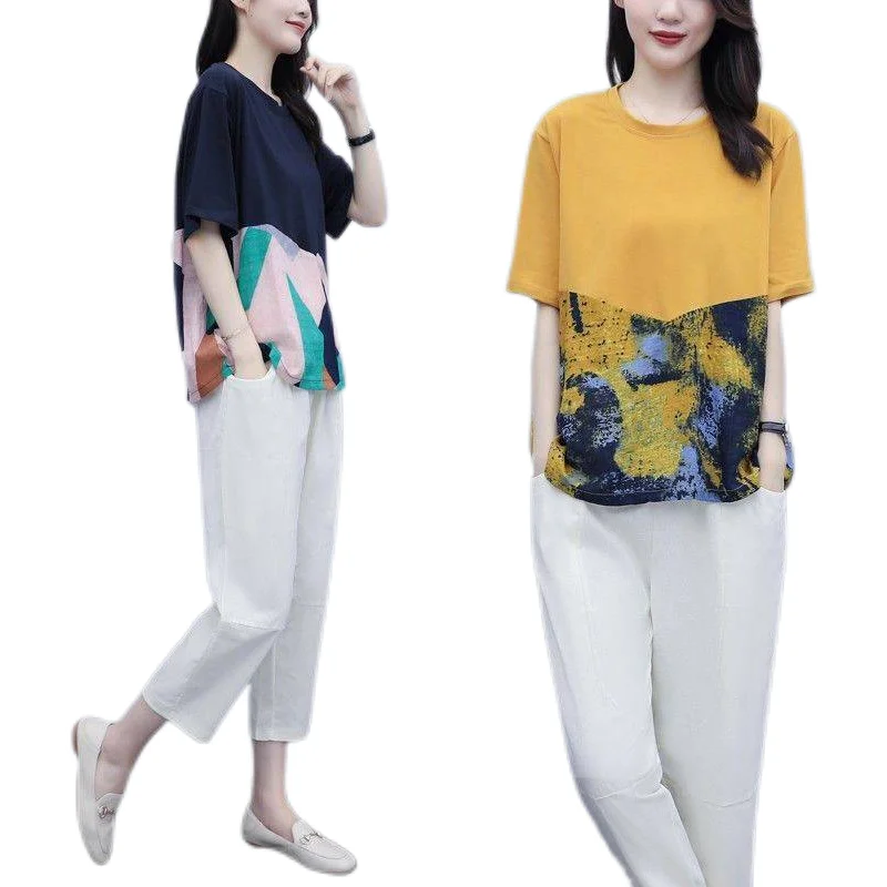 

2021 Summer Women Fashion Print O-neck Short Sleeve Tops + High Waisted Cropped Pants Casual Two-piece Suit Plus Size Y142