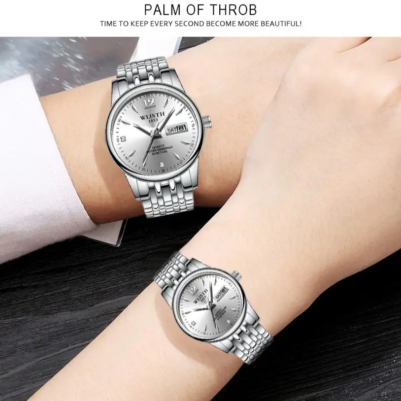 

Romantic Classic Couple Gift Watches WLISTH Full Steel Luminous Quartz Men's And Women's Date Wristwatches Ladies Elegant Clock