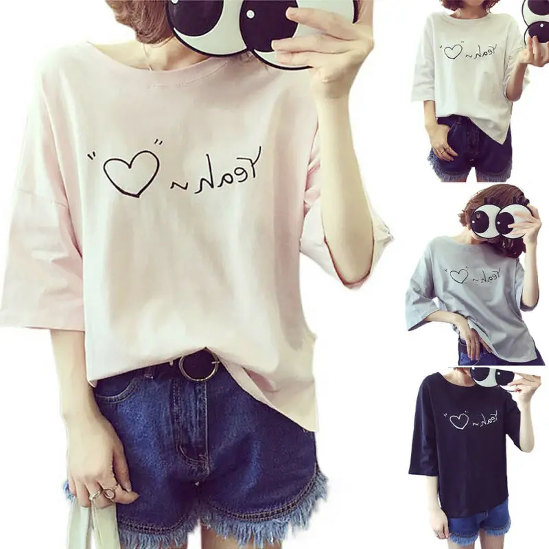 

Womens Loose Fit T-Shirt Casual Summer Print Short Sleeve Tops Blouse Basic Tee