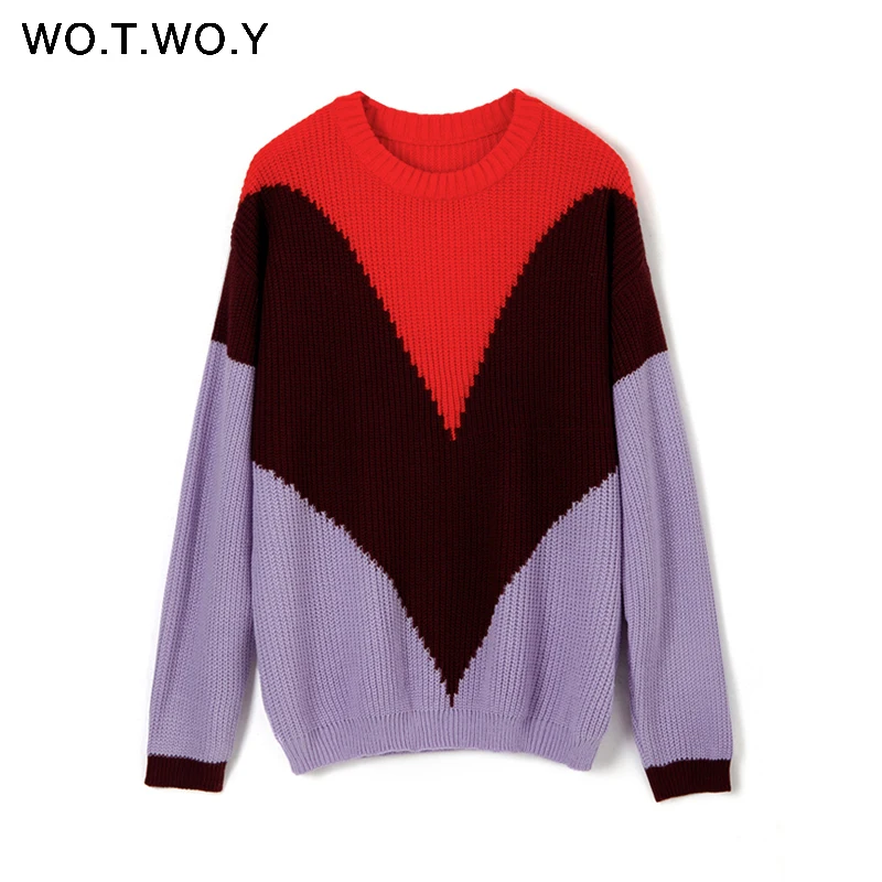 WOTWOY, Осень-зима, контрастный цвет, женский свитер, Повседневный, с длинным рукавом, пуловеры, для женщин, с круглым вырезом, вязаные топы, женский джемпер, мягкий