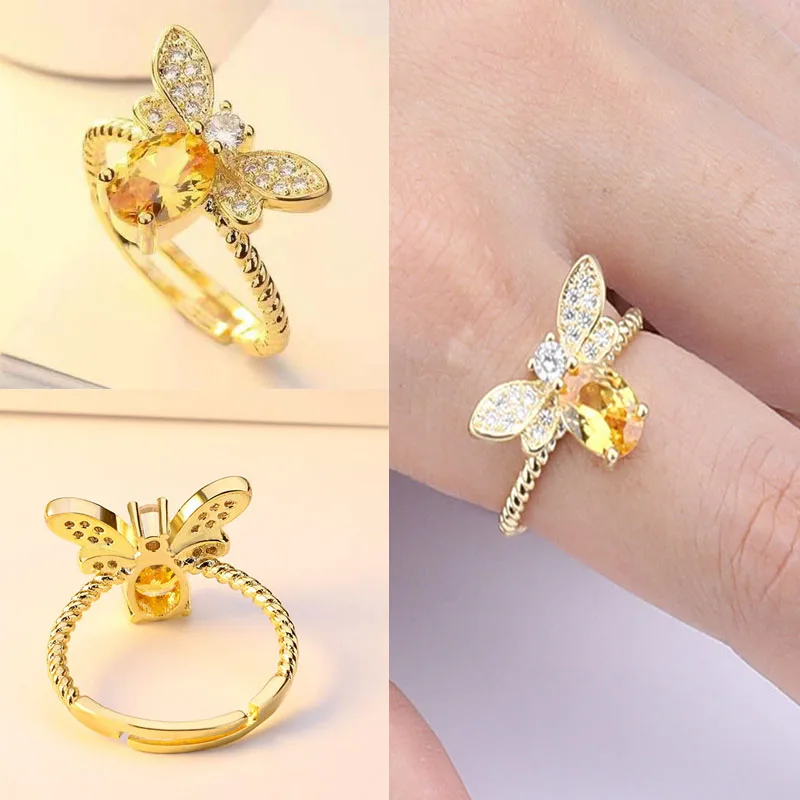 

Milangirl Sweet Cute Yellow Crystal Bee Ring for Women Exquisite Elegant Female Wedding Golden Ring Jewelry Party Accessories