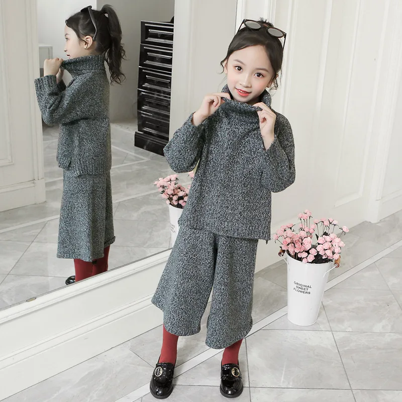 Teen Girls Knit Sweater Clothes Set Warm Suit Winter Autumn High Neck Sweaters + Pants 2 Pcs Children's Sets Baby Girl Clothing
