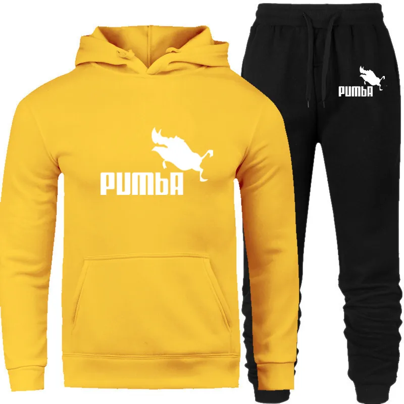 PUMBA, новая мода, мужские толстовки, костюмы, брендовый спортивный костюм для мужчин/женщин, толстовки+ спортивные штаны, Осень-зима, флисовый пуловер с капюшоном - Цвет: yellow