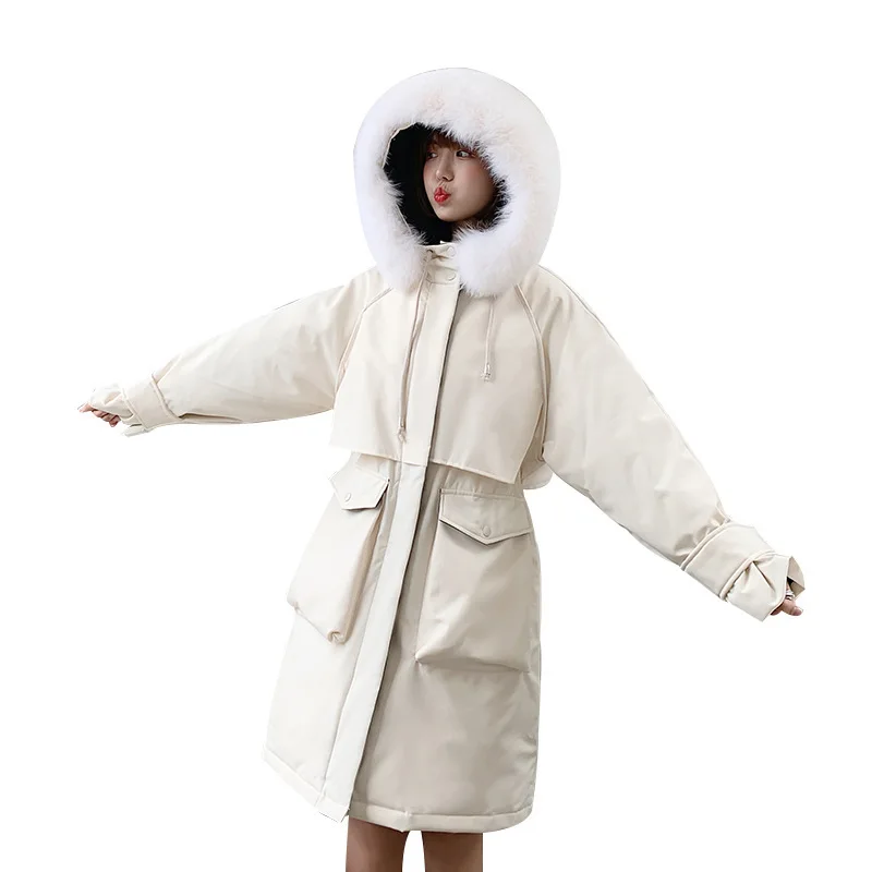 Женский пуховик с лисьим мехом утолщенное пальто средней длины в Корейском стиле