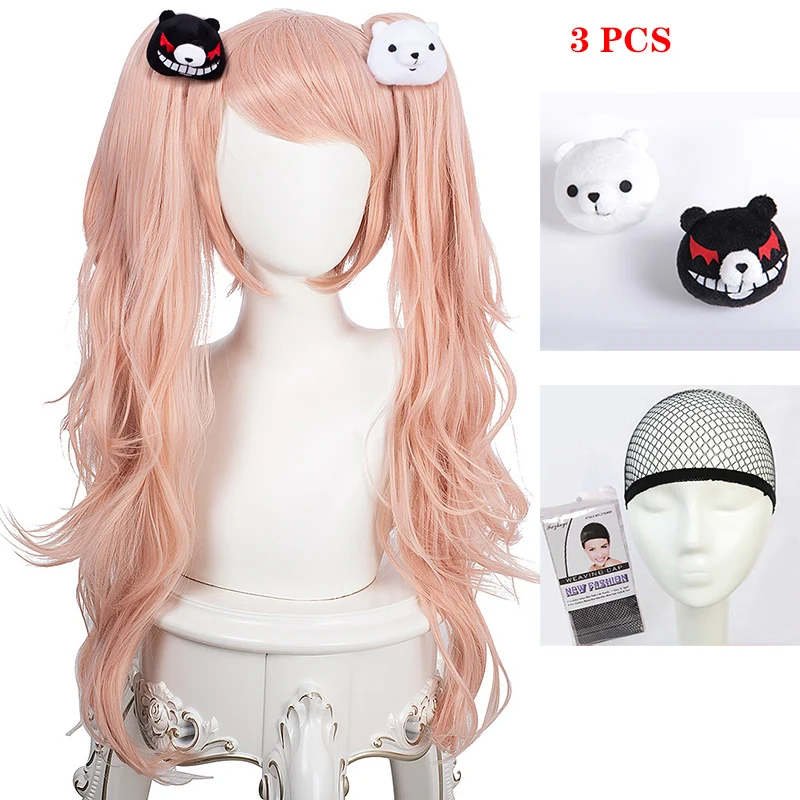 

Danganronpa Dangan Ronpa Junko Enoshima Wig Light Pink Heat Resistant Hair Clip Ponytails Bear Hairpins Cosplay Wig + Wig Cap