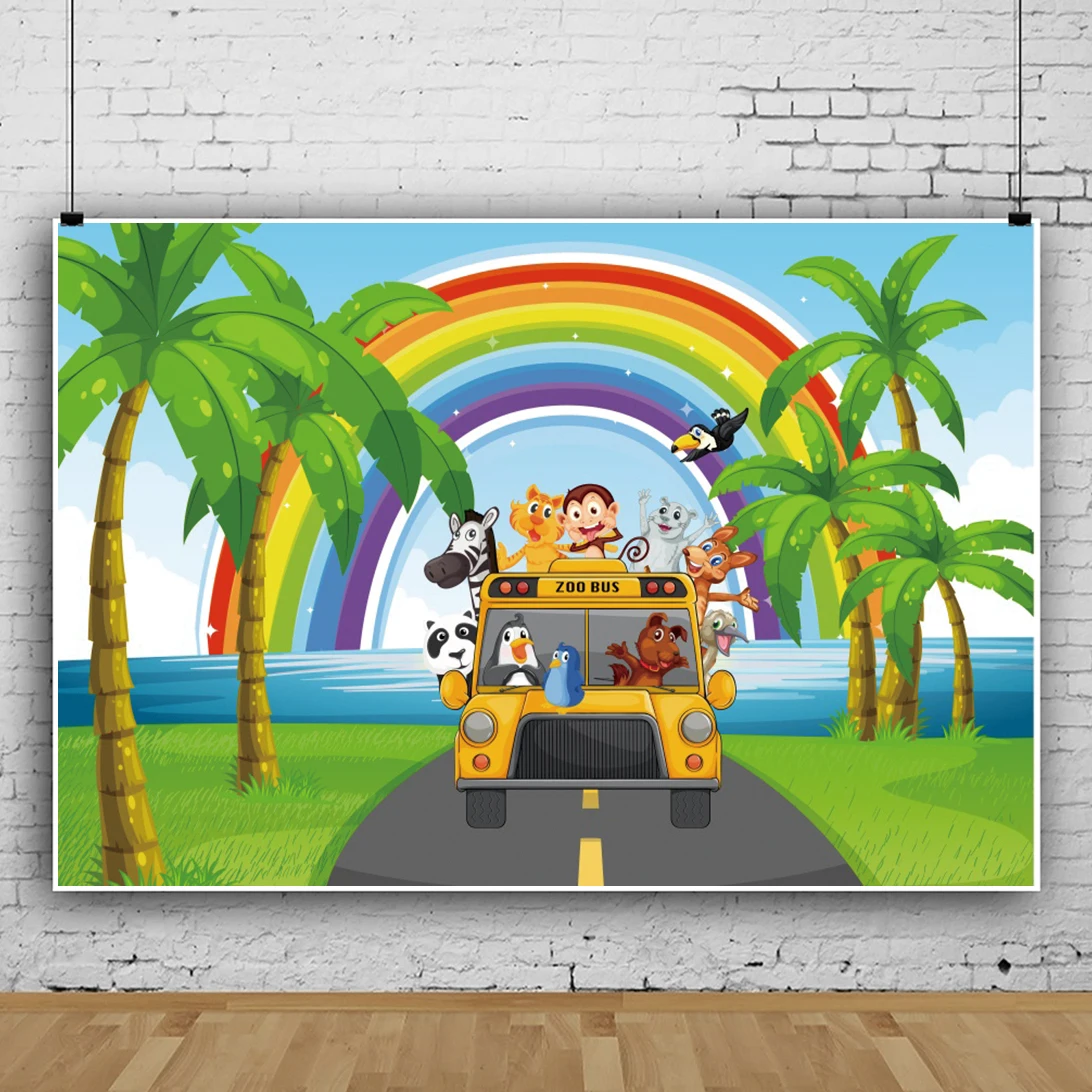 

Laeacco Rainbow Jungle Safari Tropical Coconut Tree Baby Bithday Party Photography Background Portrait Personalized Backdrops