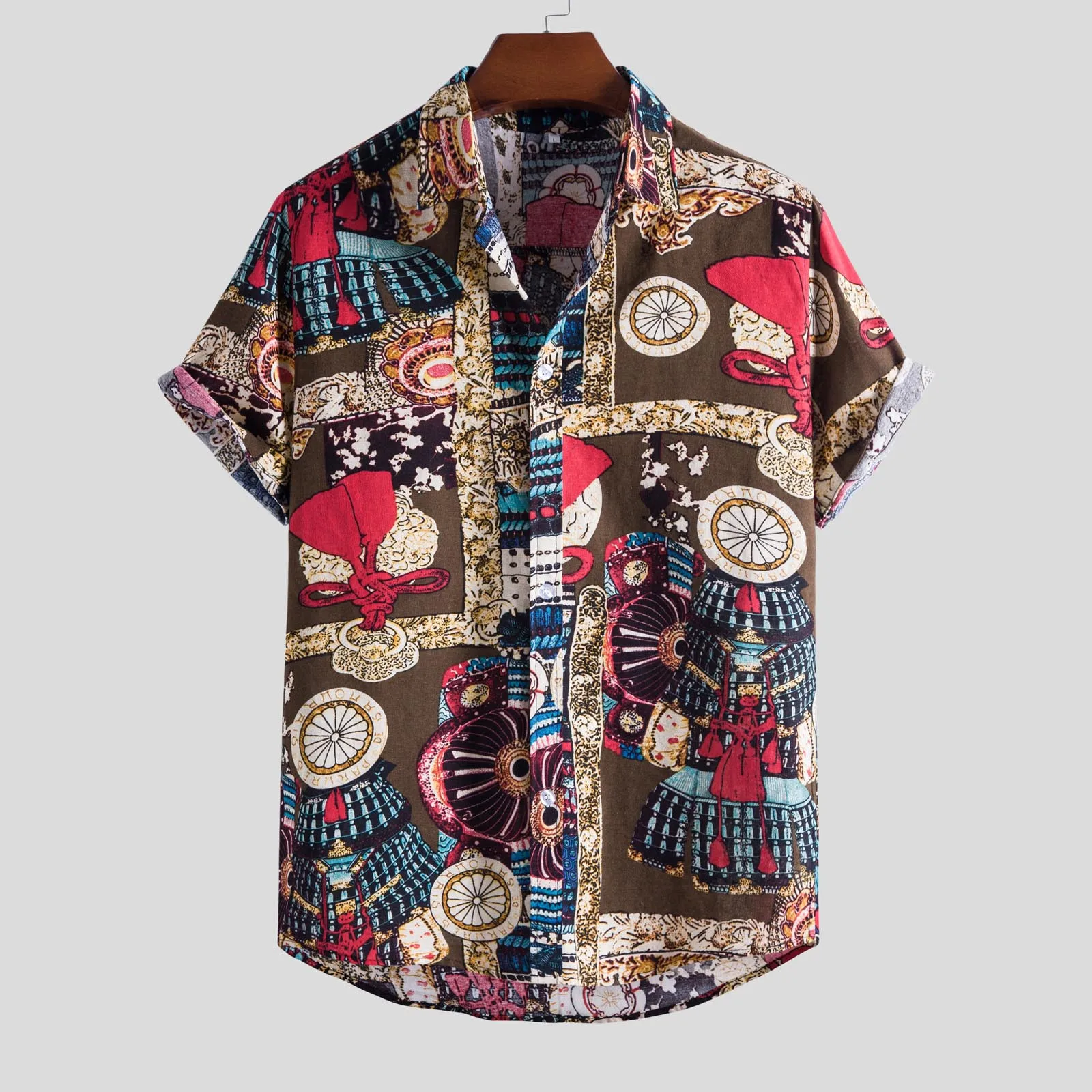 Рубашка Мужская льняная с коротким рукавом свободная мешковатая повседневная