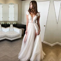 sexy high split applique wedding dress 2021 a line short sleeves lace bridal gown illusion backless plus size vestido de noiva