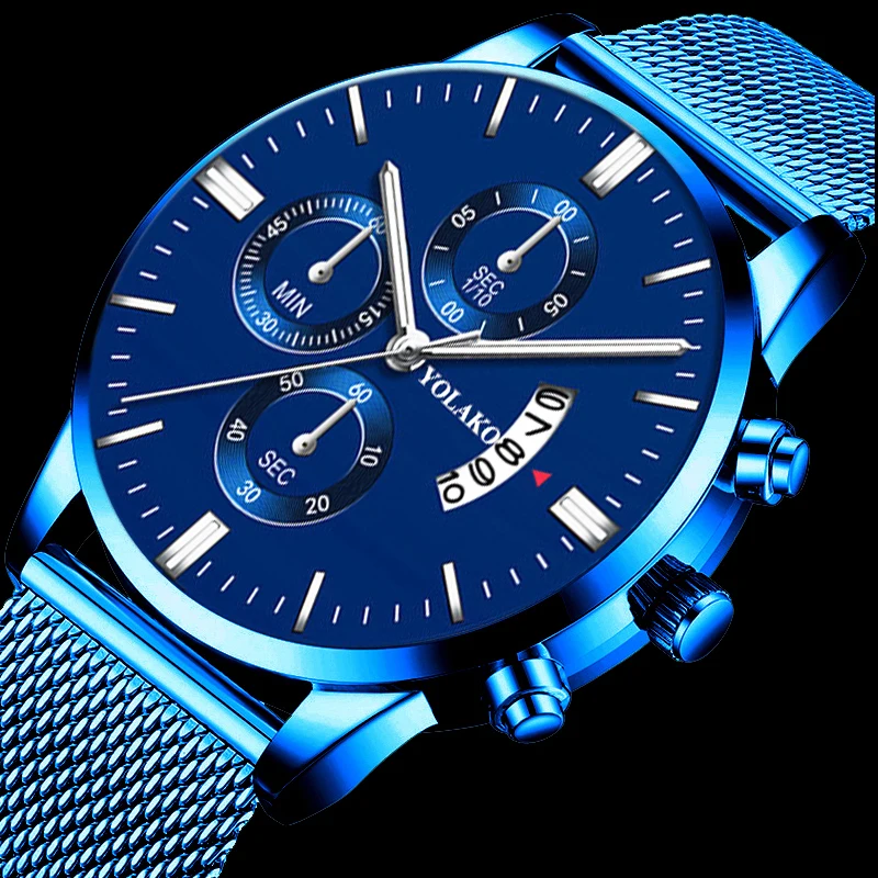 

Fashion Mens Watches Classic Blue Stainless Steel Mesh Belt Quartz Wristwatch Luxury Men Business Analog Clock relogio masculino