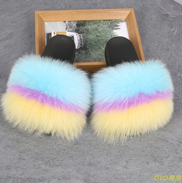 Шлепанцы для пляжа сланцы из натурального Лисьего меха летние пушистые тапочки
