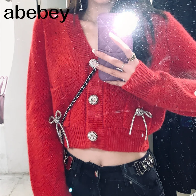 

Винтажный кардиган, вязаный свитер с V-образным вырезом, женский осенне-зимний Кардиган с длинным рукавом, вязаные свитера, пальто и куртки д...