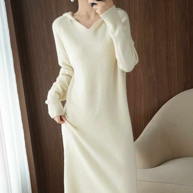 

Hooded wool knitted dress children's autumn and winter thin over knee wool dress medium length loose bottomed wool skirt