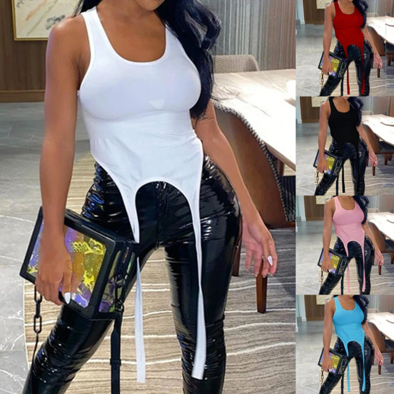 

Basic Long Ribbon White Tank Tops For Women Hight Street Casual Wear Summer Chic Fashionable Vest Club Wear Camisole 2021